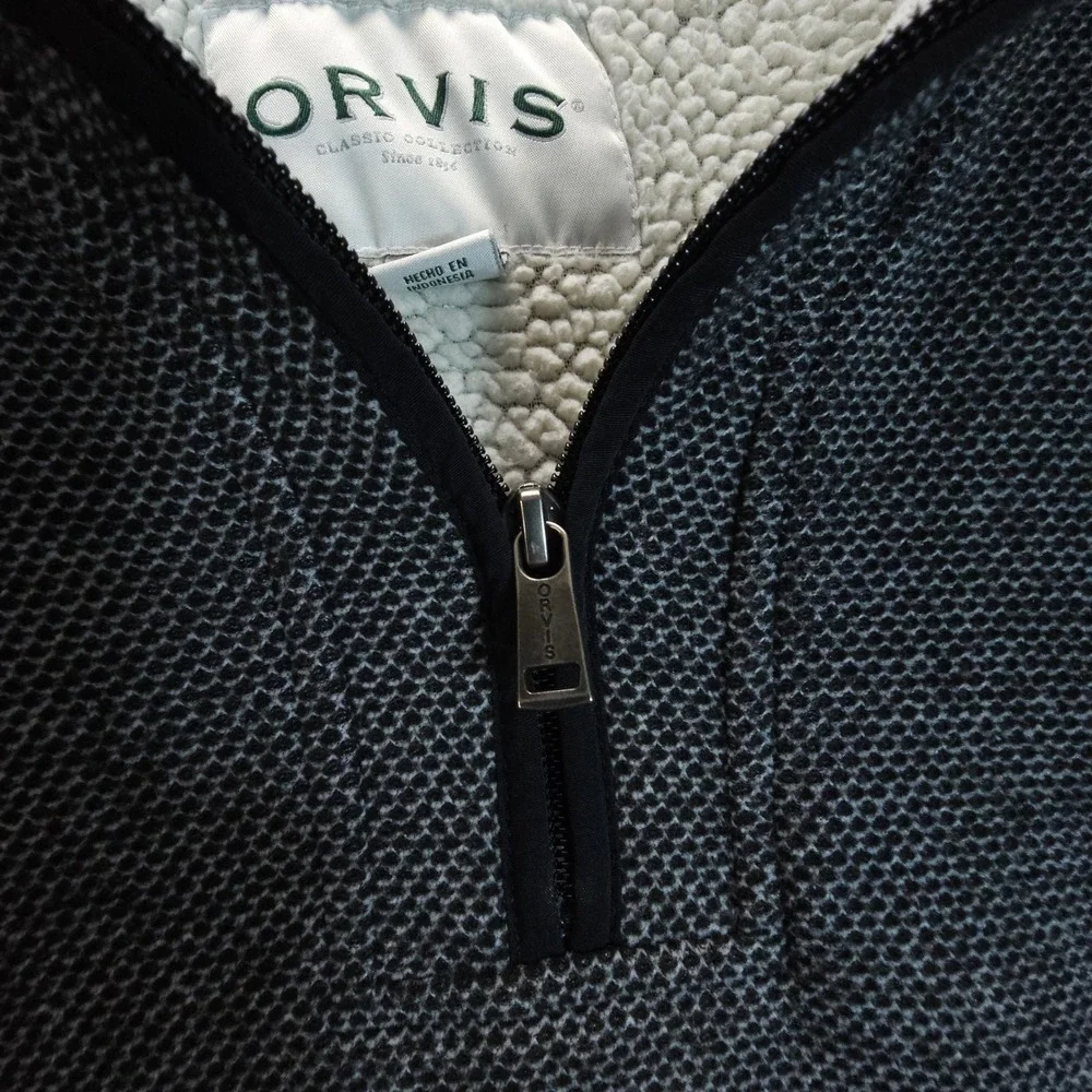 Orvis Pullover Mens XXL Gray Streetwear Sherpa Lined Quarter Zip Fleece Sweater‎